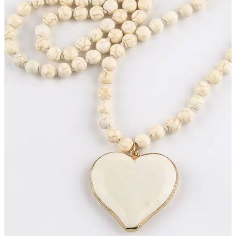 34.5" White Synthetic Turquoise 8mm Beads Heart Pendant Necklace Boho Ethnic